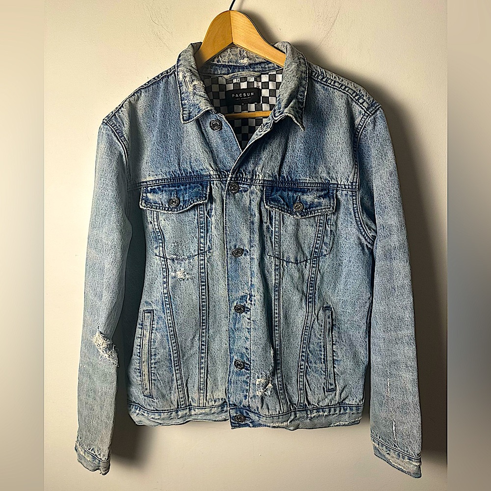 PACSUN Men’s Y2K Acid Wash Distressed Cotton Blend Denim Jean Jacket Size Medium